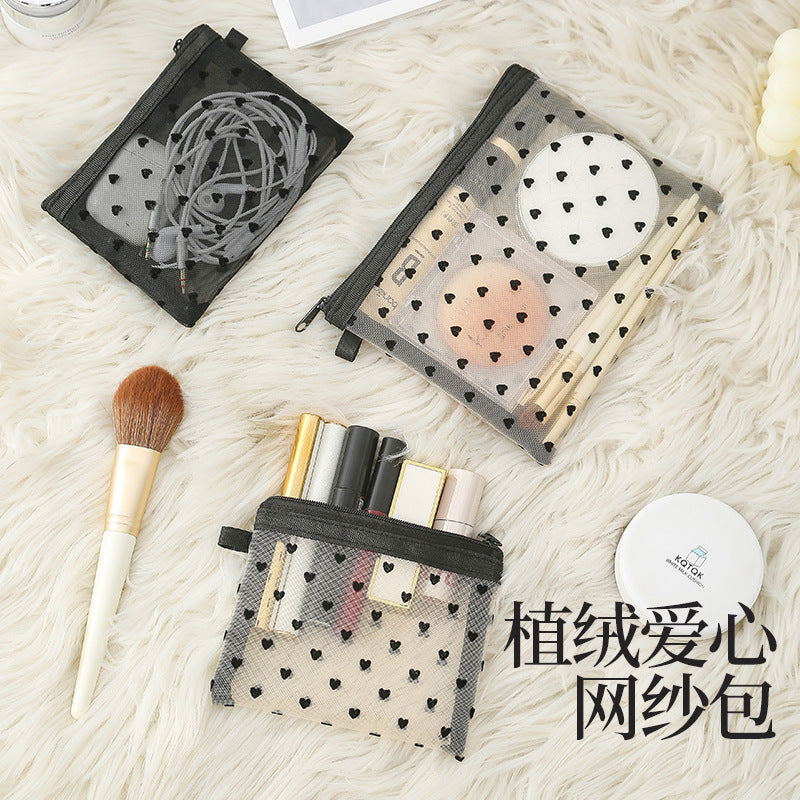 Bei Lian small size mesh cosmetic bag portable flocking cosmetic storage bag love fashion lipstick storage bag wholesale