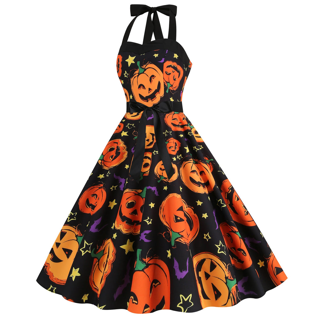 Factory direct supply 2024 Halloween new Hepburn style high waist slim hanging neck large swing long retro dress