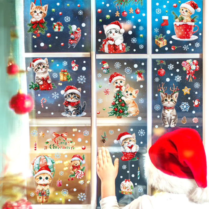 Cross Border Christmas Kitty Christmas Tree Snowflake Glass Electrostatic Sticker Holiday Party Window Decoration Self-Paste