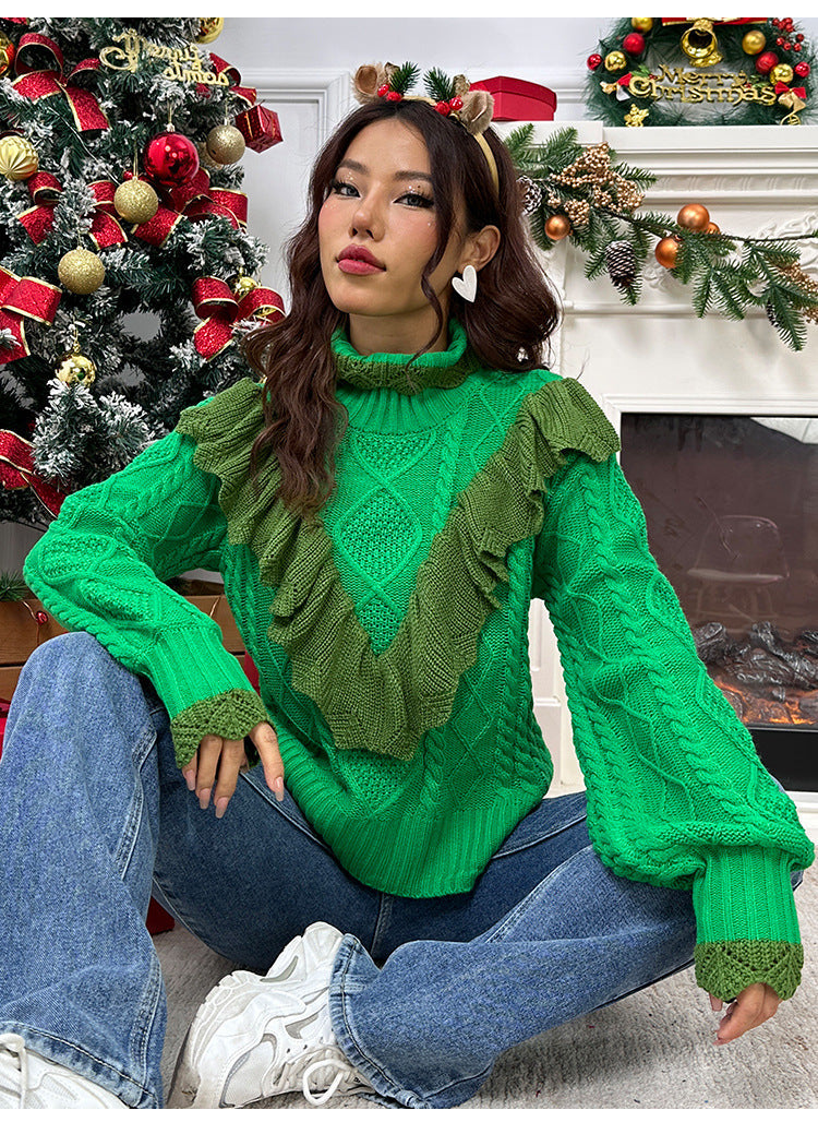 Amazon 2023 new Christmas half turtleneck sweater women's autumn and winter ruffled twisted pullover sweater women