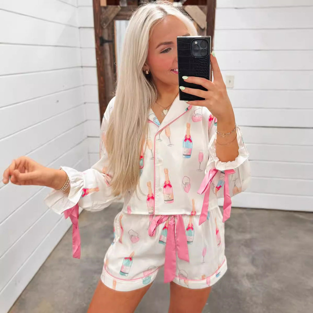 Christmas Bow Long Sleeve Pajamas Shorts Suit
