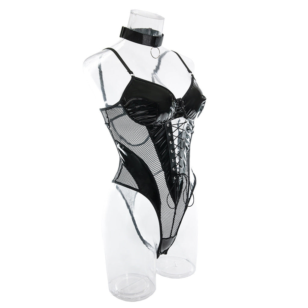 Europe and the United States cross-border supply nightclub hot girl PU leather mesh stitching strap waist backless sexy jumpsuit women's in stock