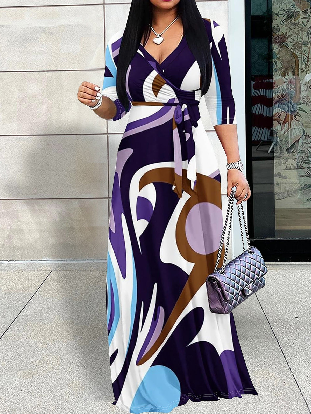 Cross-border Amazon Europe and the United States for Spring, Summer and Autumn Women's Fashion Elegant V-neck Middle Sleeve Casual Long dress