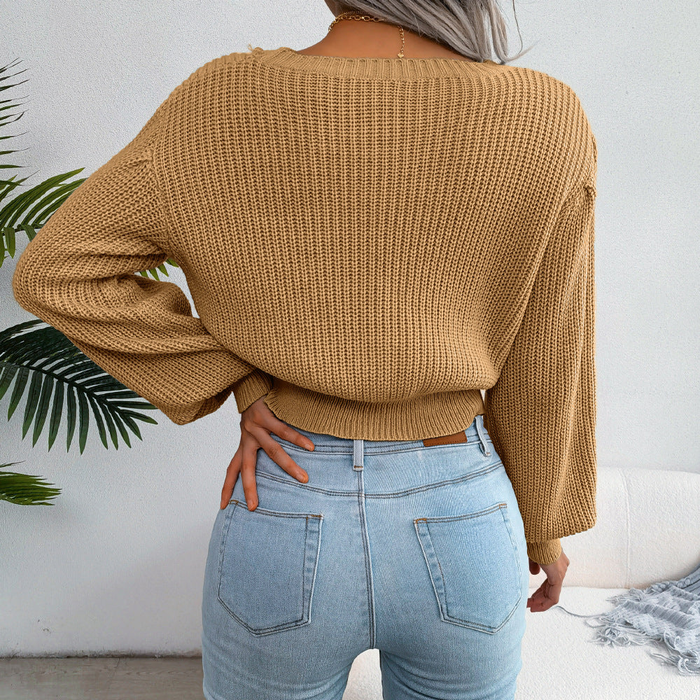 ins Style Real Shot Autumn and Winter European and American Leisure Twist Lantern Sleeve Waist Knitted Sweater Amazon Cross-border Women's Wear