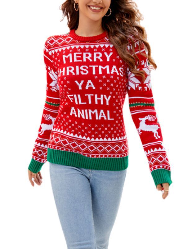 European and American women's knitted jacquard Christmas pullover sweater 2023 autumn and winter New round neck sweet style knitted top