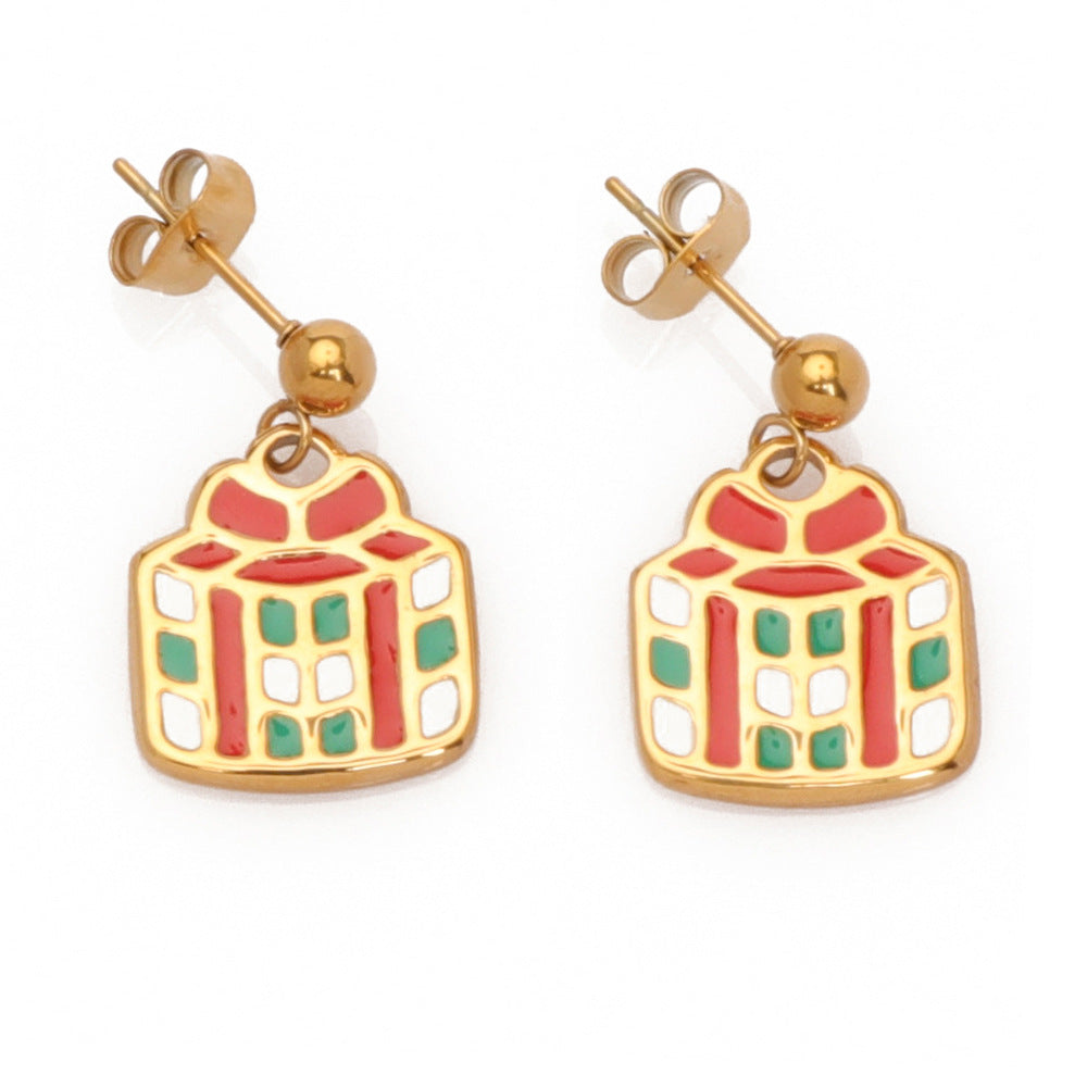 Justop European and American Christmas Ornaments Christmas Tree Earrings Santa Claus Earrings Oil Dripping Pendant Holiday Gifts