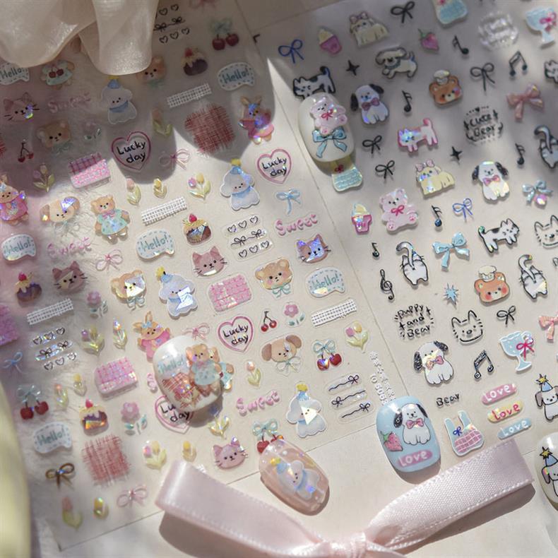 Cute Pet Graffiti Nail Art Stickers Embossed 3D Stereo 5D Cute Little Panda Cat Dog Nail Sticker Decoration