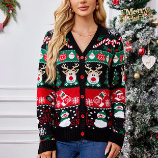 Shein Amazon European and American Clothing Autumn and Winter Pullover Jacquard Christmas Tree Knitwear Long-Sleeved Red Christmas Knitwear