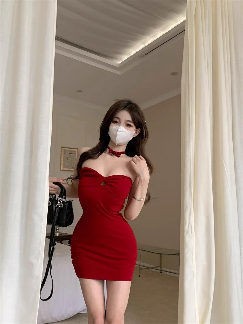 Pure Desire Christmas Red New Year's Shirt Hot Girl Tube Top Hollow Dress Spring and Autumn New Style Inner Layering Hip Skirt