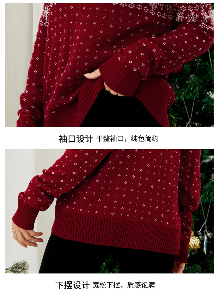 Cross-Border Autumn and Winter New Jacquard Pullover Red Turtleneck Christmas Sweater European and American Foreign Trade Snowflake Knitted Bottoming Shirt