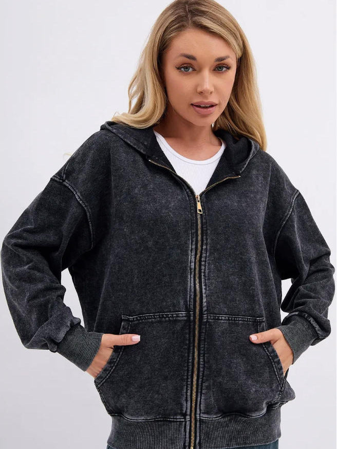 2025 New Autumn and Winter 400g Washed Retro Zipper Hooded Sweatshirt for Men and Women, Loose Casual Retro Top