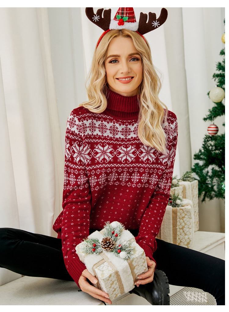 Cross-Border Autumn and Winter New Jacquard Pullover Red Turtleneck Christmas Sweater European and American Foreign Trade Snowflake Knitted Bottoming Shirt