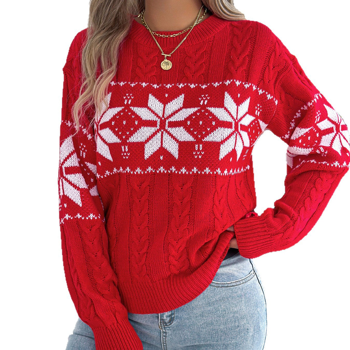 2025 Autumn and Winter European and American Snowflake Pattern Lantern Long Sleeve Pullover Sweater Amazon Cross-Border Women's Clothing Christmas