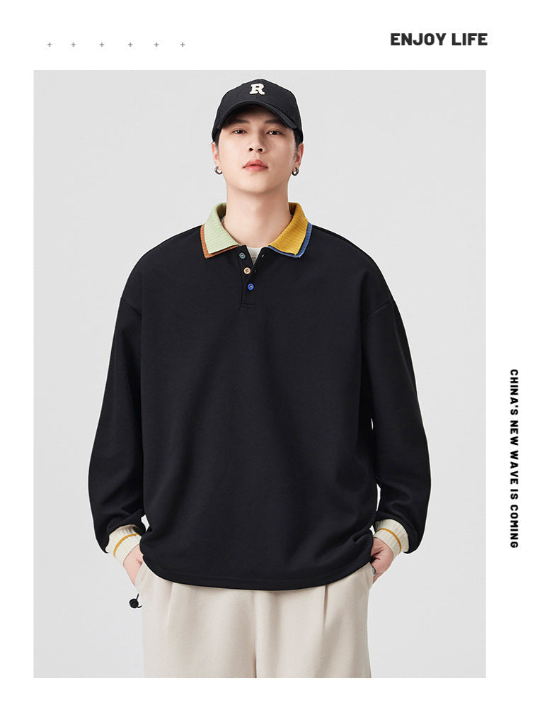 Casual Retro Contrast Color Lapel 280g Sweatshirt High-End Polo Collar Top Trendy Loose Couple Autumn Sweatshirt
