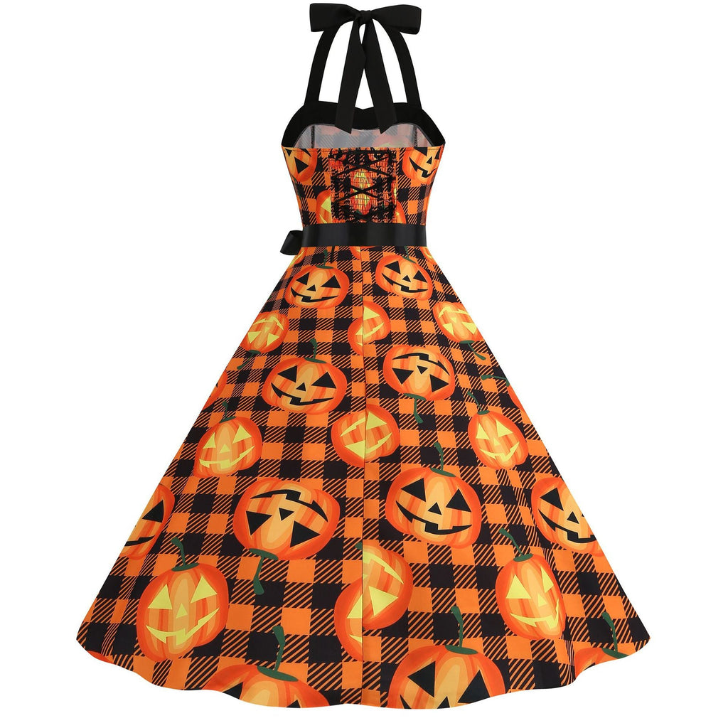 Factory direct supply 2024 Halloween new Hepburn style high waist slim hanging neck large swing long retro dress