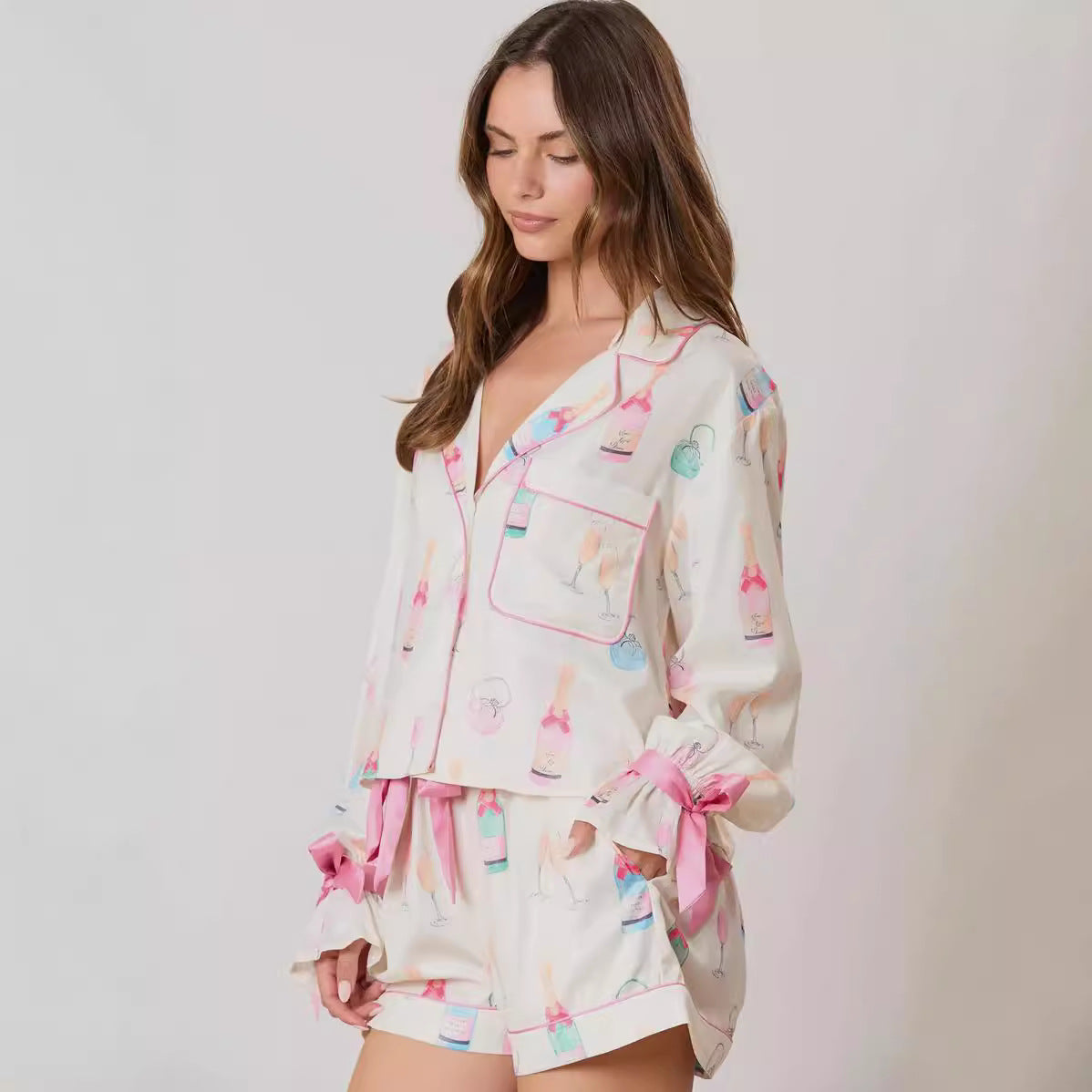 Christmas Bow Long Sleeve Pajamas Shorts Suit