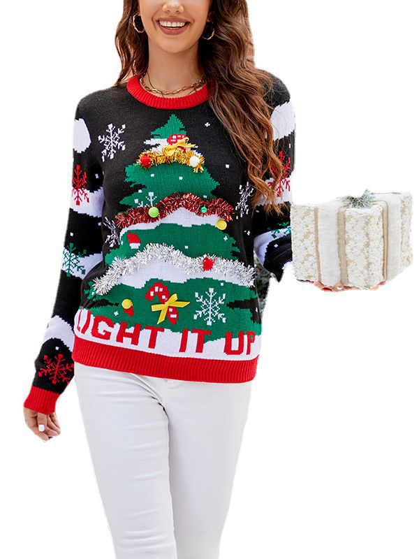 Amazon European and American Long-Sleeved Christmas New Knitted Tops 2025 Autumn and Winter Christmas Tree Round Neck Pullover Sweater for Women