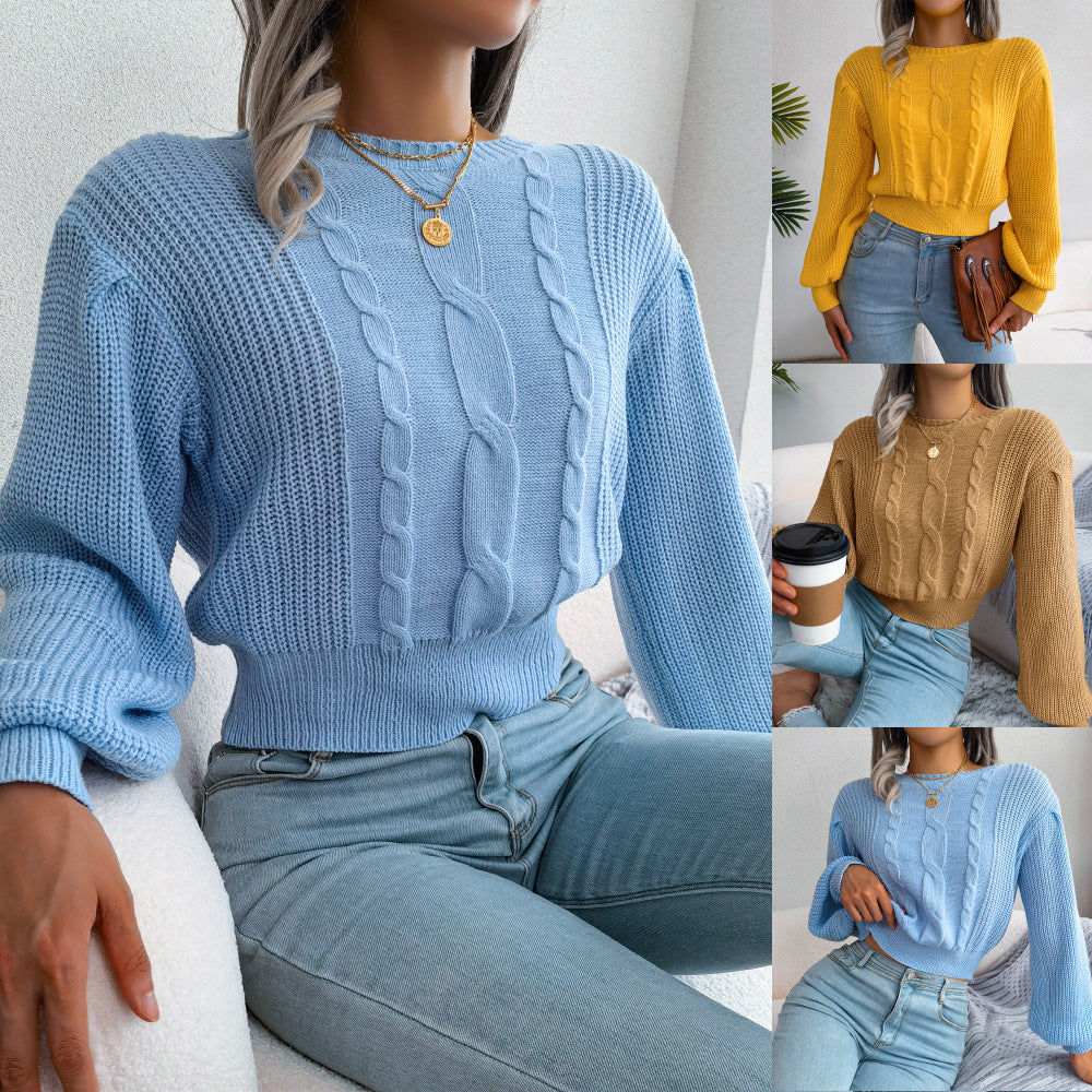ins Style Real Shot Autumn and Winter European and American Leisure Twist Lantern Sleeve Waist Knitted Sweater Amazon Cross-border Women's Wear
