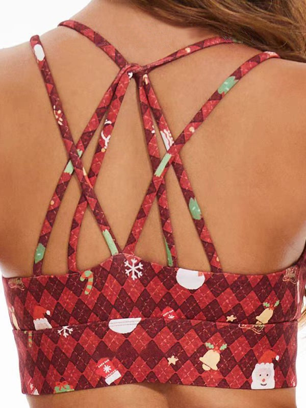 Foreign Trade Cross-border European and American Printed Plaid Sports Bra Underwear Women's Running Fitness Pants Yoga Clothes Quick-drying suit