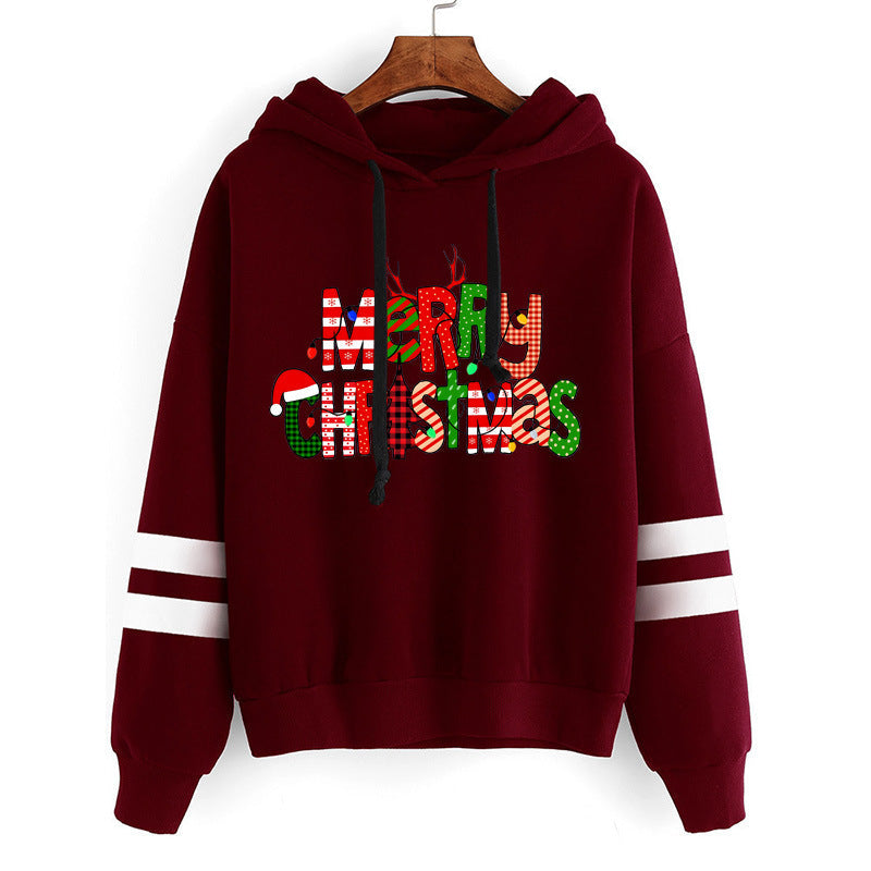 Christmas Merry Christmas printed parallel bars striped hooded hoodie European size plus size men's and women's cross-border