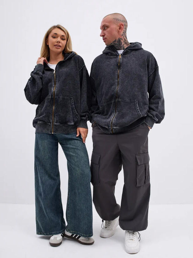 2025 New Autumn and Winter 400g Washed Retro Zipper Hooded Sweatshirt for Men and Women, Loose Casual Retro Top