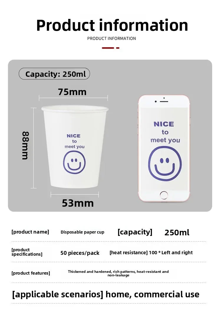 Disposable Paper Cups with Cute Cartoon Patterns for Commercial, Office, and Home Use, Food-Grade, 250ml, Thickened