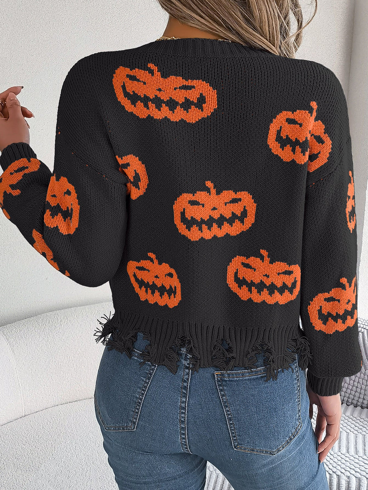 Real Shot of Autumn and Winter European and American Halloween Contrasting Pumpkin Cut Long-Sleeved Pullover Sweater Amazon Cross-Border Women's Clothing