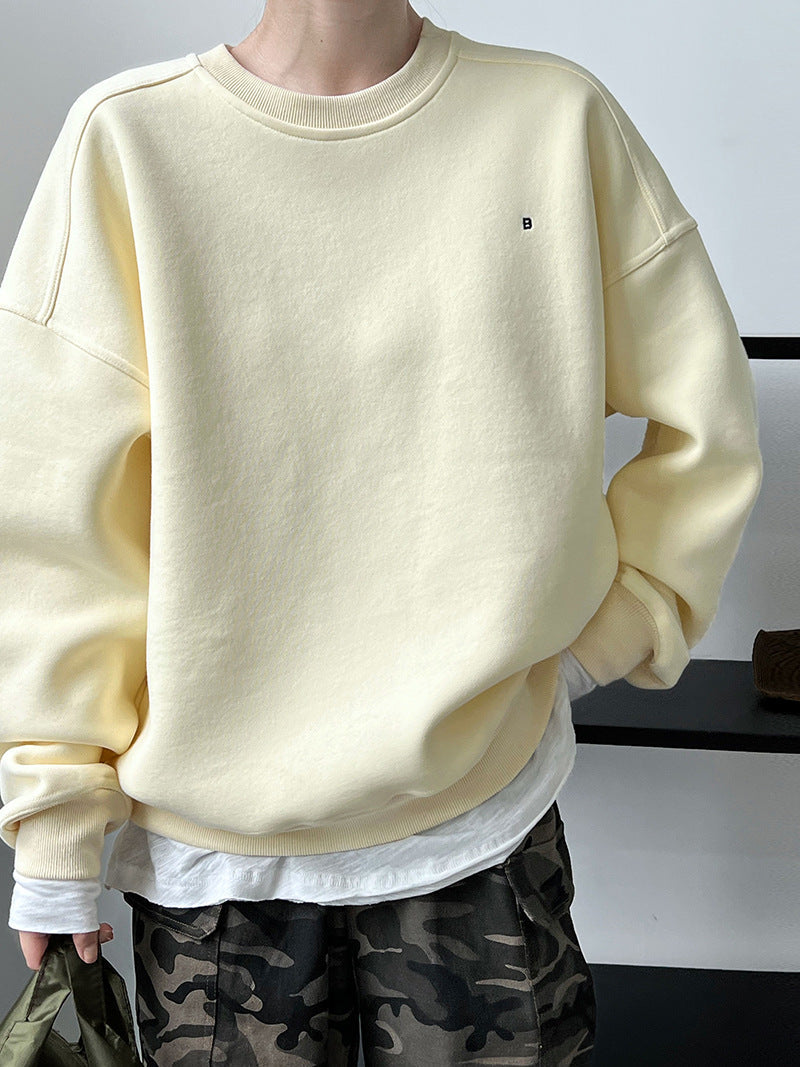 Luxi Simple Profile Loose BF Solid Color Lazy Pullover Sweatshirt Women's ins Letter Embroidered Long-sleeved Top 2267