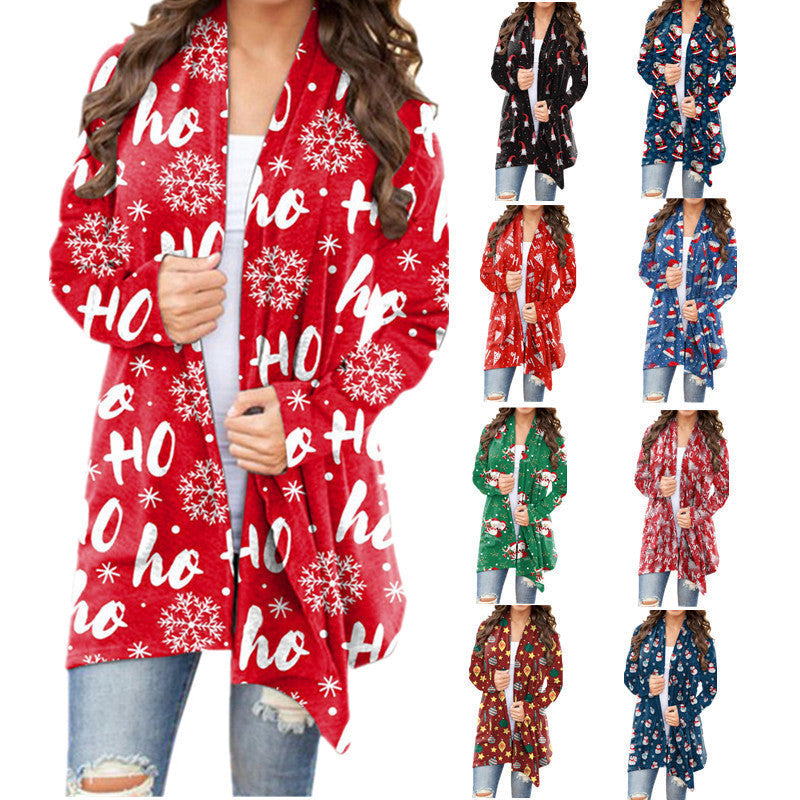 European and American cross-border 2021 autumn and winter New Amazon wish women's clothing Christmas printed casual long-sleeved cardigan for women