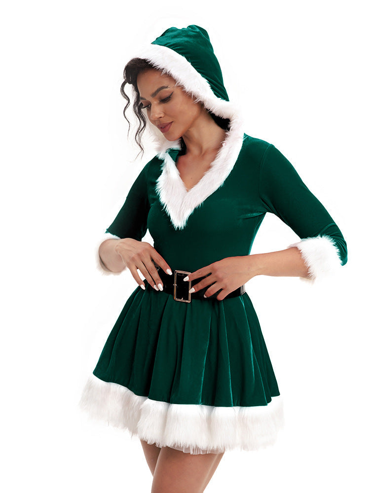 European and American Christmas clothing adult women's hooded Christmas skirt red and green dress performance clothing a generation of hair