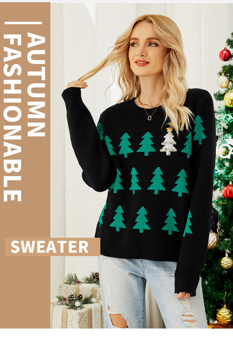 Shein Amazon European and American Clothing Autumn and Winter Pullover Jacquard Christmas Tree Knitwear Long-Sleeved Red Christmas Knitwear