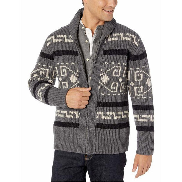 Cross-border Autumn and Winter Men's Fashion Lapel Youth Casual Cardigan Jacket Long-sleeved Slim-fit Jacquard Sweater Sweater for Men