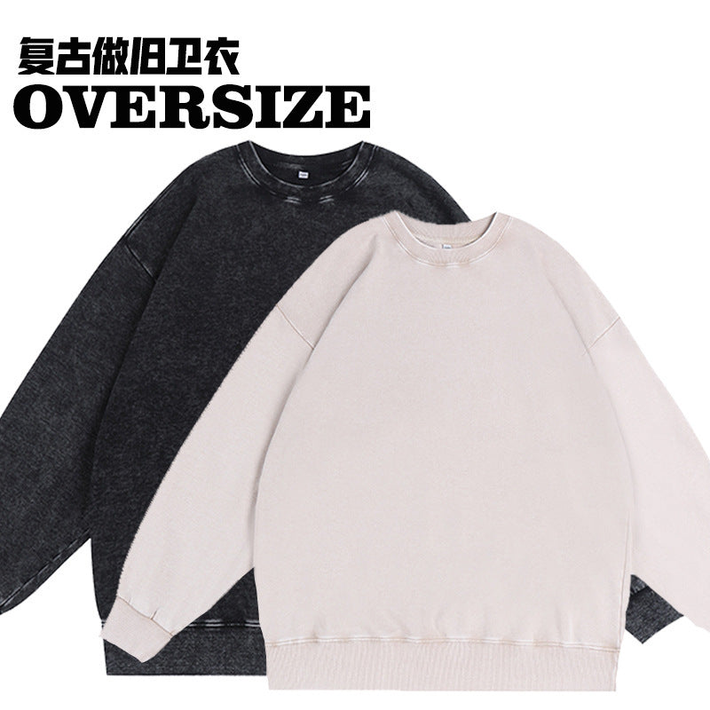 350g American Washed Retro Round Neck Sweatshirt Cross-Border Large Size Terry Drop Shoulder Distressed Pullover Washed Sweatshirt for Men