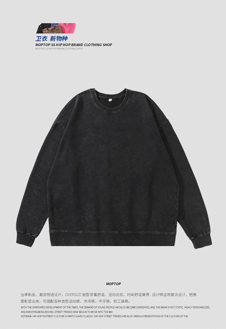 Trendy Brand Heavyweight Pure Cotton Terry 400g Washed Distressed Crew Neck Sweatshirt Hoodie Retro Sweatshirt with Printed Logo
