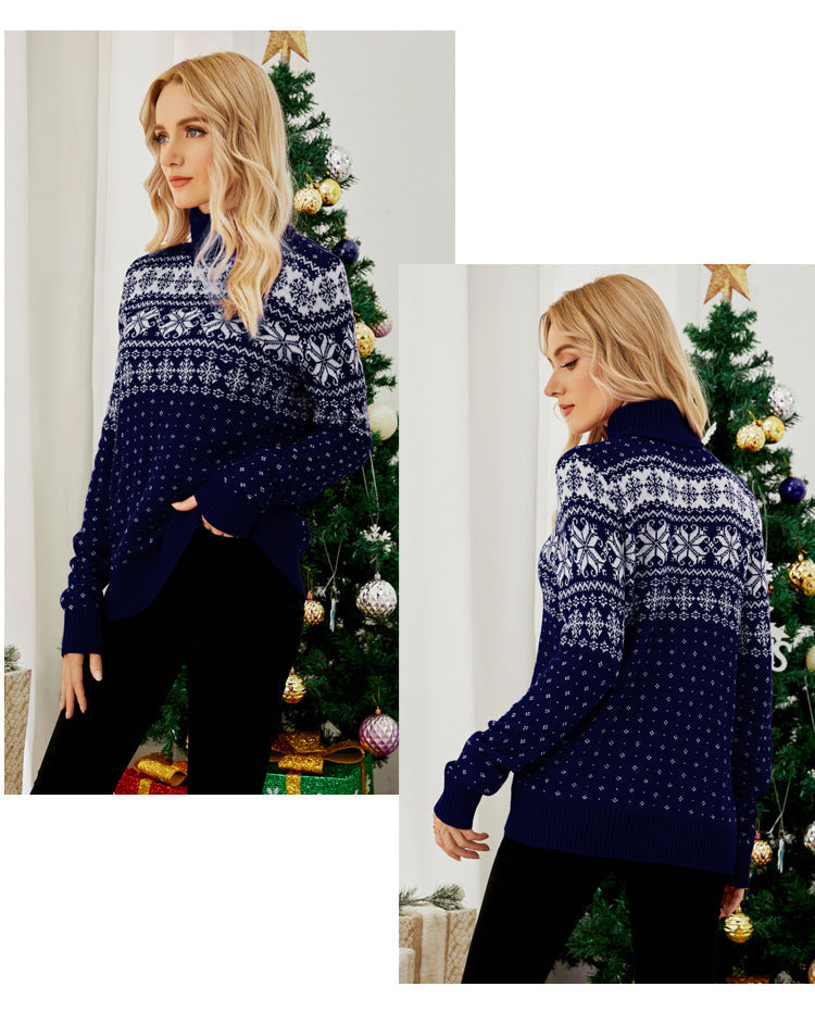 Cross-Border Autumn and Winter New Jacquard Pullover Red Turtleneck Christmas Sweater European and American Foreign Trade Snowflake Knitted Bottoming Shirt