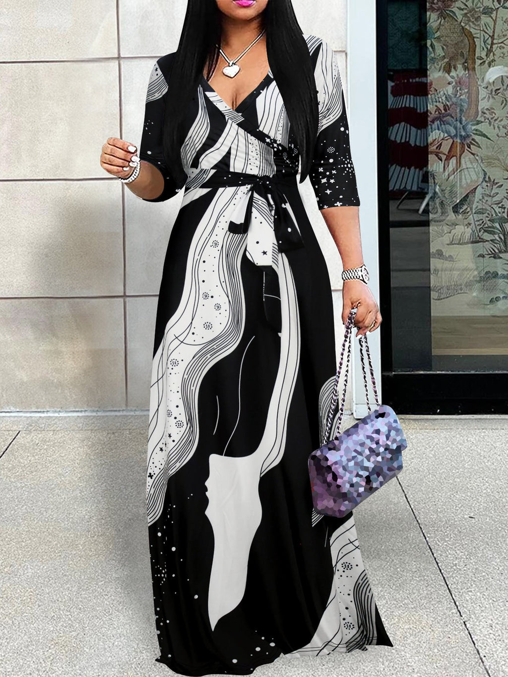 Cross-border Amazon Europe and the United States for Spring, Summer and Autumn Women's Fashion Elegant V-neck Middle Sleeve Casual Long dress