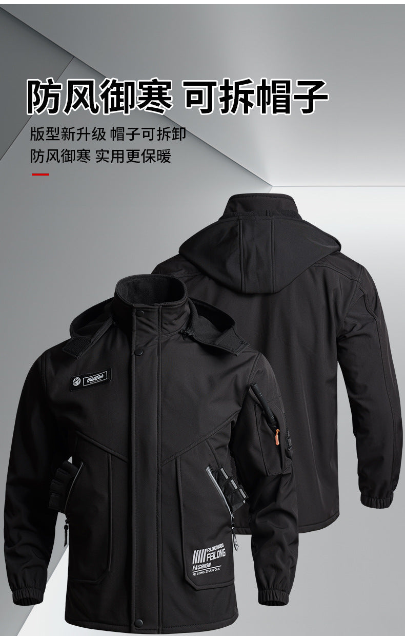 Men's Autumn and Winter Fleece-Lined Thickened Softshell Tactical Outdoor Sports Workwear Suit, Waterproof and Windproof