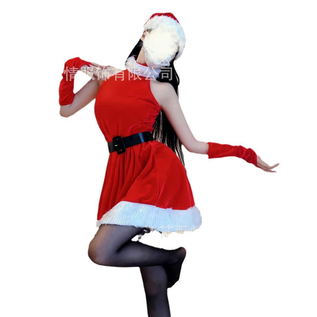 Crisp Christmas theme clothing sexy halter suit skirt dress uniform passion red Christmas battle gown