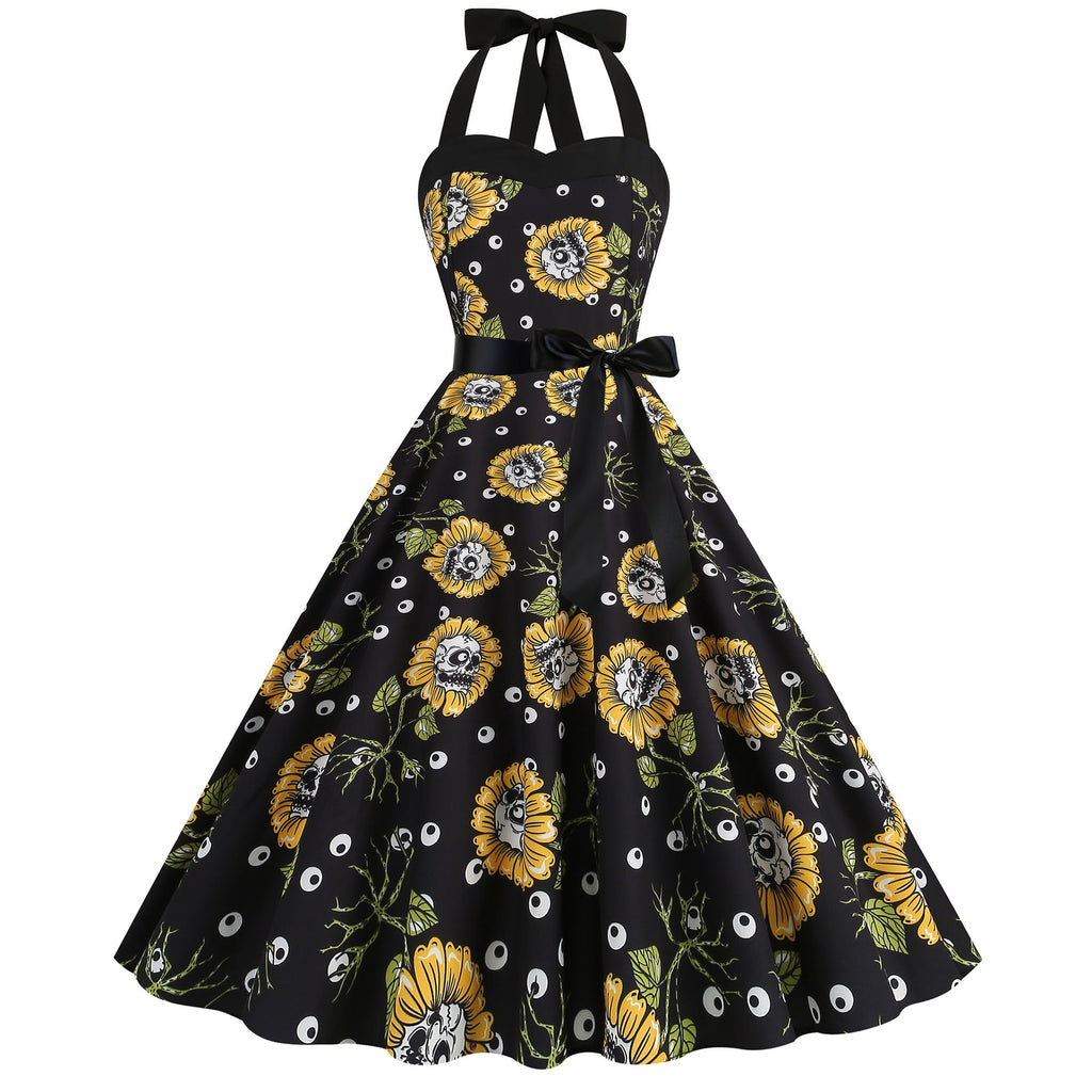Factory direct supply 2024 Halloween new Hepburn style high waist slim hanging neck large swing long retro dress