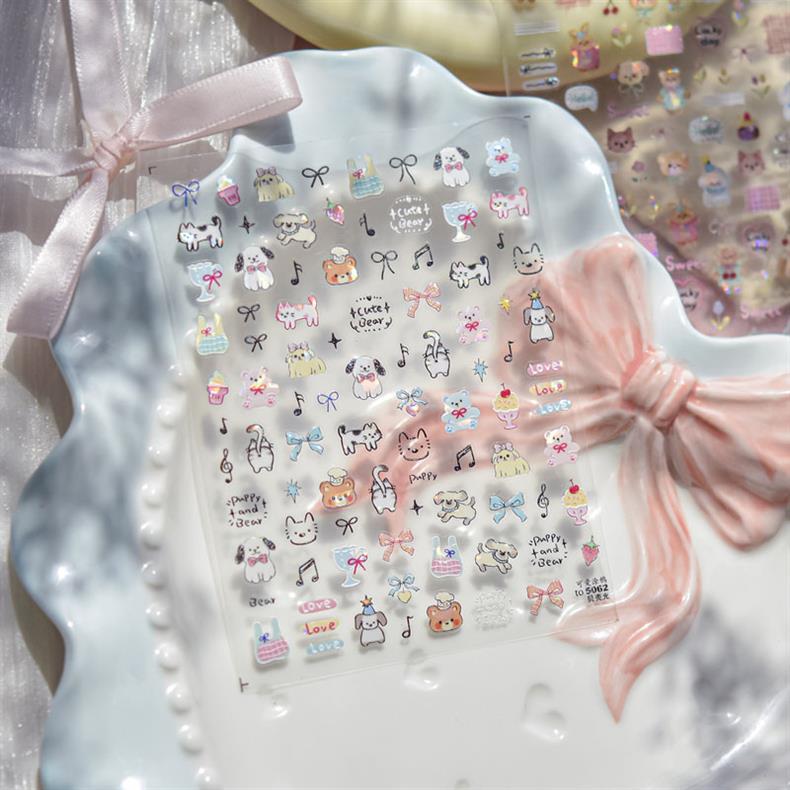 Cute Pet Graffiti Nail Art Stickers Embossed 3D Stereo 5D Cute Little Panda Cat Dog Nail Sticker Decoration