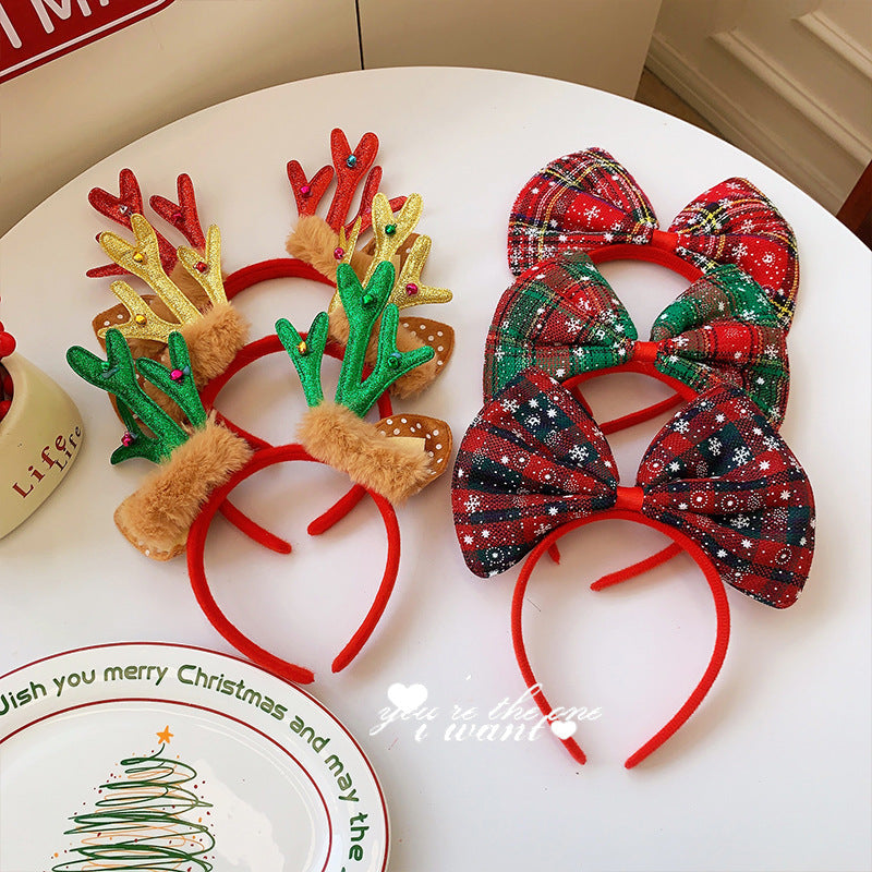 Christmas antler headband female Christmas hairpin headdress holiday dress up gift big bow headband hair accessories headdress