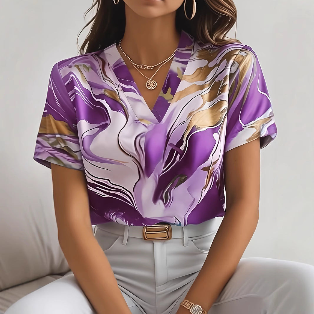 Geometric Pattern V-neck Commuter's All-matching Short Sleeve Shirt