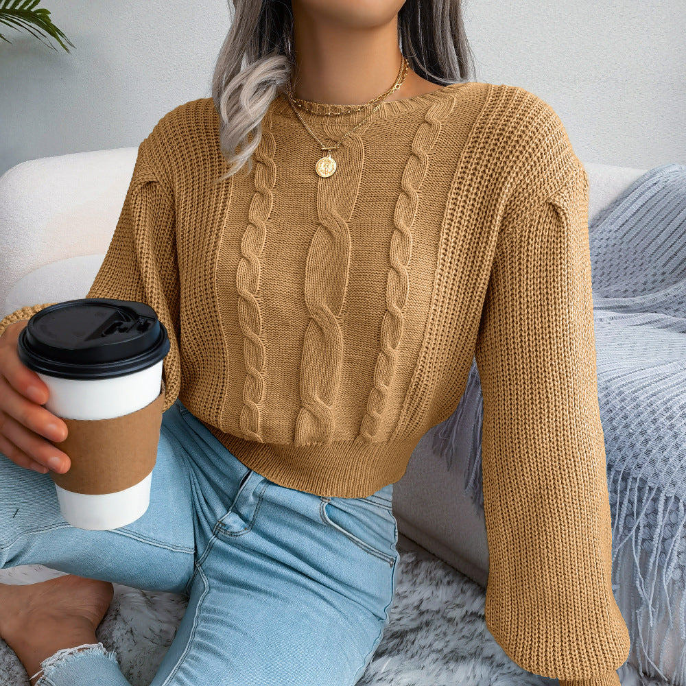 ins Style Real Shot Autumn and Winter European and American Leisure Twist Lantern Sleeve Waist Knitted Sweater Amazon Cross-border Women's Wear