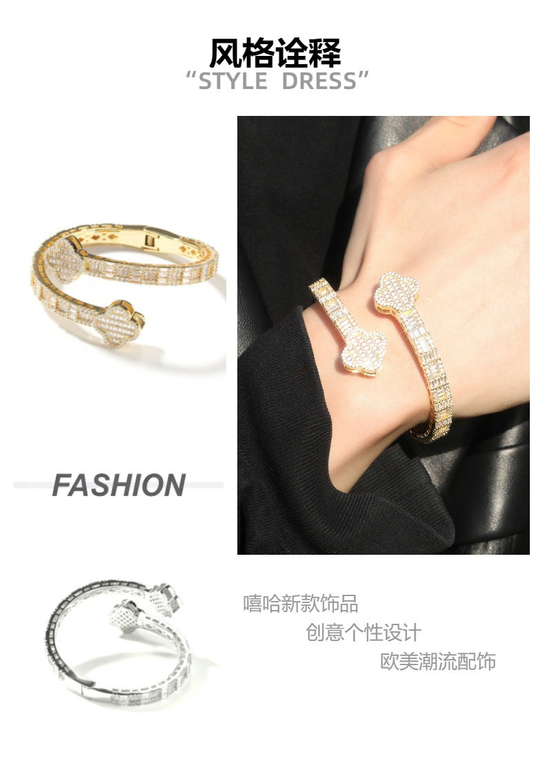 European and American copper inlaid zircon four-leaf clover bracelet high-end sense new ins style niche hip-hop bracelet fashion accessories