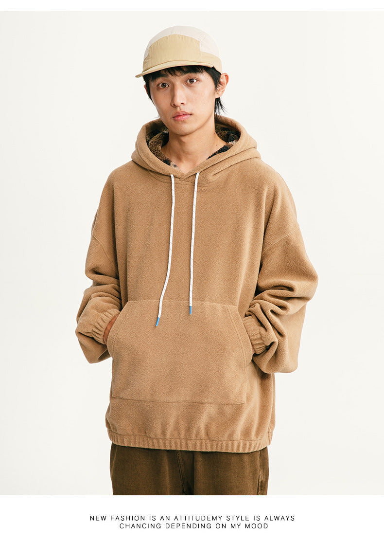 Black Fleet American Casual Style Unisex Versatile Hooded Warm Top Couple Style Hiking Fleece Solid Color Sweatshirt