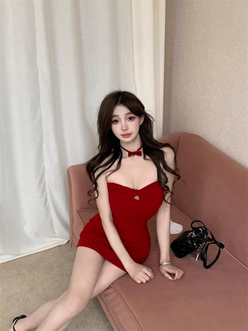 Pure Desire Christmas Red New Year's Shirt Hot Girl Tube Top Hollow Dress Spring and Autumn New Style Inner Layering Hip Skirt
