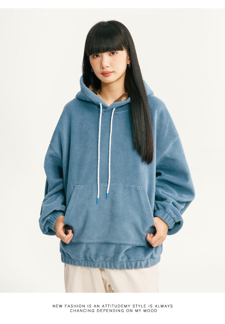 Black Fleet American Casual Style Unisex Versatile Hooded Warm Top Couple Style Hiking Fleece Solid Color Sweatshirt