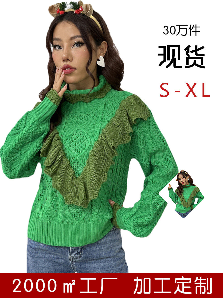Amazon 2023 new Christmas half turtleneck sweater women's autumn and winter ruffled twisted pullover sweater women