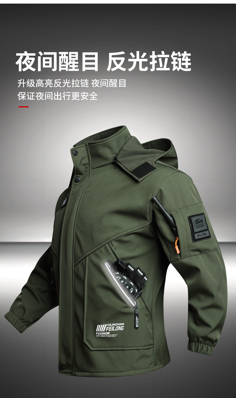 Men's Autumn and Winter Fleece-Lined Thickened Softshell Tactical Outdoor Sports Workwear Suit, Waterproof and Windproof