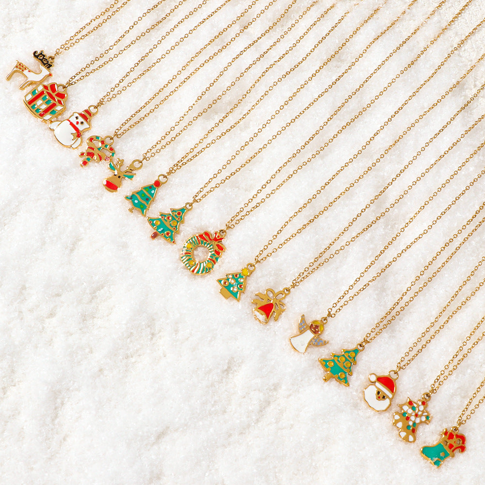 Justop European and American Cross-Border Christmas Tree Necklace Snowman Candy Pendant Christmas Eve Christmas Elk Necklace Jewelry